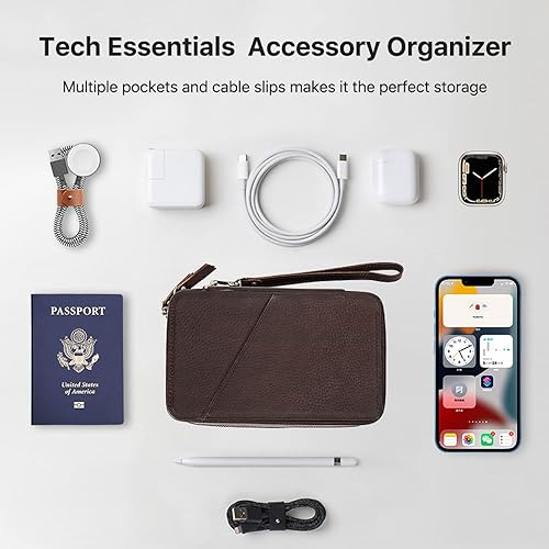 Vista 4 de Kit técnico de estuche organizador electrónico, cuero de grano superior hecho a mano, portátil compacto de viaje, accesorios electrónicos de viaje