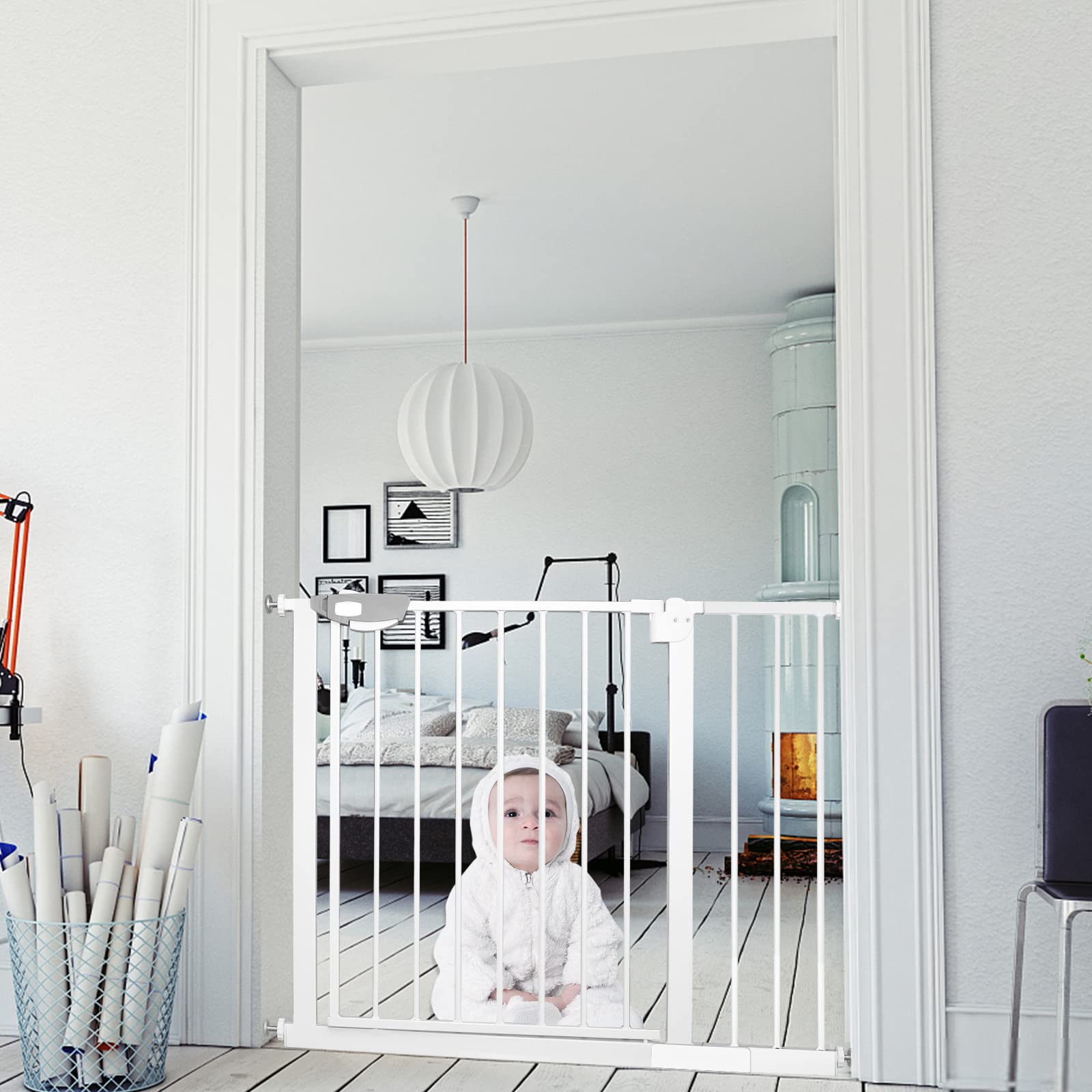 Froadp 77cm Barreras Seguridad para Puertas del Bebé, Clamp-On Protector Extensiones para Escaleras sin la Perforación, Blanco Vallas Automática del Niño, Cercados para Perros Infantil (85-95cm)