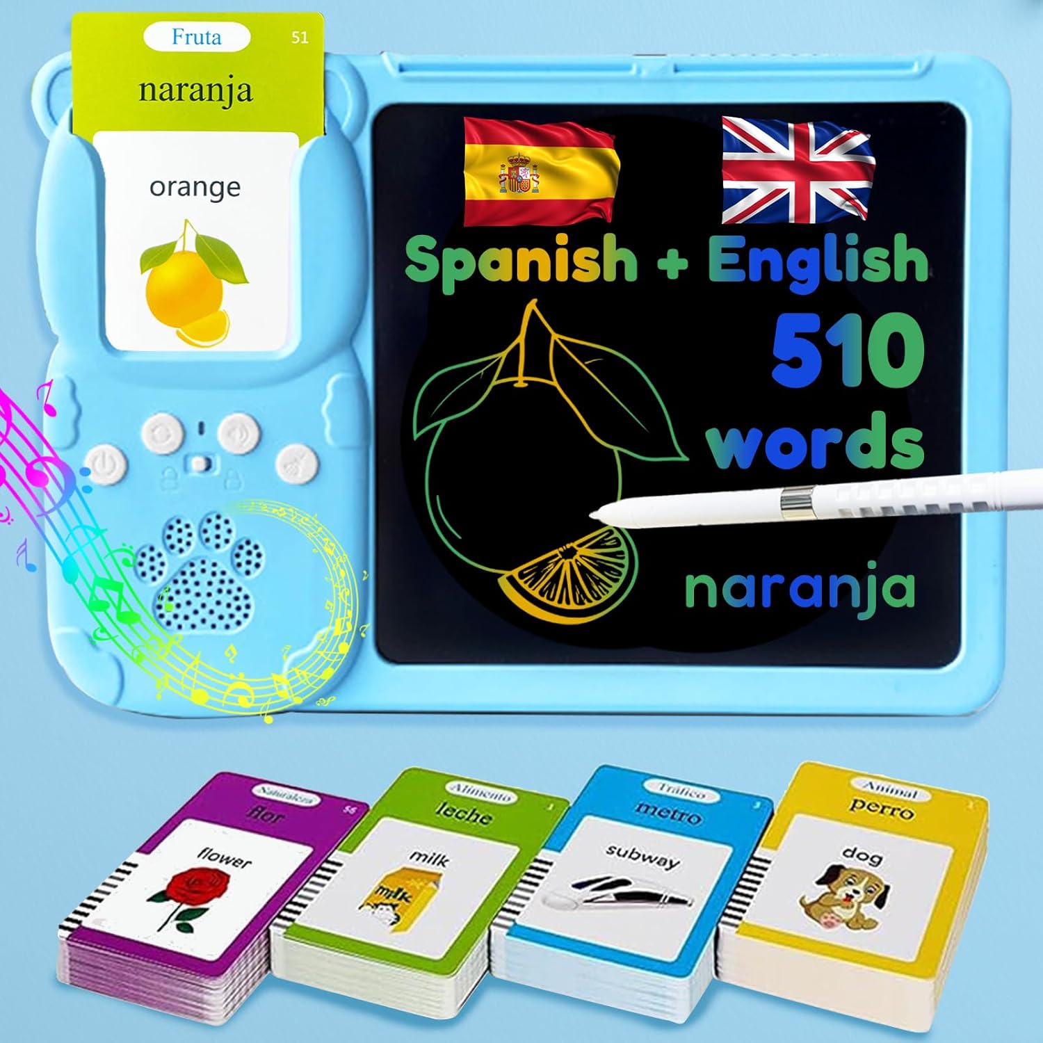 Drawing Tablet with Bilingual Flashcards for Kids - Spanish English Talking Flash Cards, LCD Writing Pad Board, Pocket Speech for Toddlers, Learning Toy Gift for Boys Girls (Spanish, Blue)