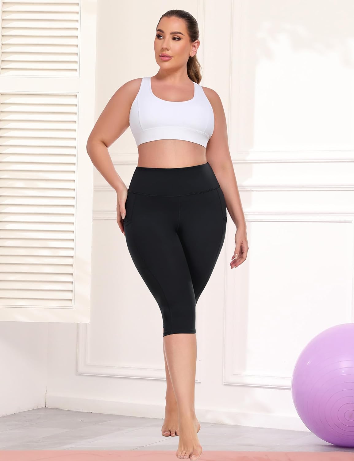 Plus Size Leggings with Pockets Knee Length, L-5XL Capri Yoga Pants High Waisted, Tummy Control Workout Leggings - Image 3