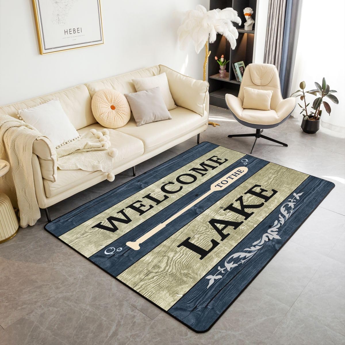 Lake House Non Slip Area Rug 5x7, Retro Paddle Wooden Living Room Rugs for Home Office Indoor Outdoor, Rustic Farmhouse Carpet, Old Barn Lake Paddle Decorative Accent Rug for Lake Lover, Non Shedding