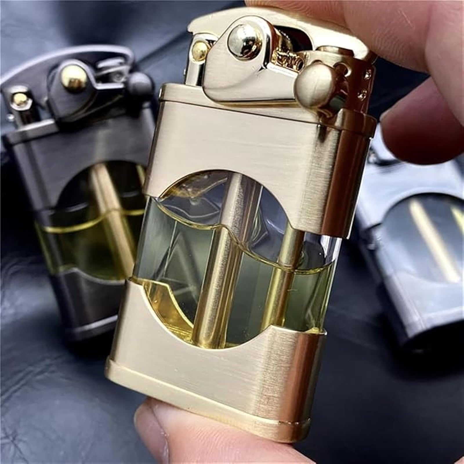 Encendedor portátil de metal con encendido basculante, ventana de combustible de queroseno, ideal para barbacoa, camping y velas, para hombres (combustible no incluido)