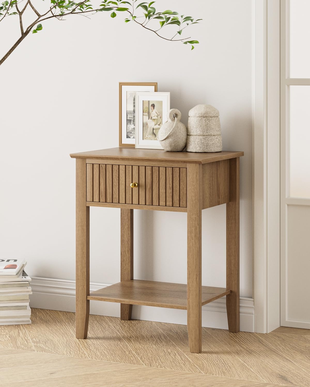 HEYZOEY Mesita de noche retro con 1 cajón, mesita de noche de madera maciza, estilo bohemio, para dormitorio, salón, nogal