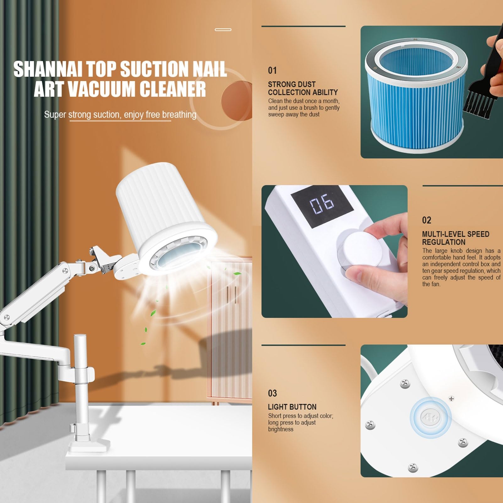 Aspiratore Unghie con Luce, Aspirapolvere Industriale per Unghie da 80 W con Filtro Riutilizzabile E Supporto da Tavolo Universale, Ventilatore A Basso Rumore per Lucidatura E Salone