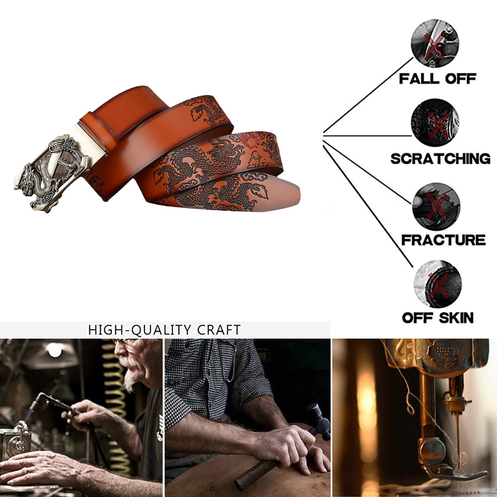 Cinturón De Trinquete Deslizante For Hombre, Correa Cuero Genuino, Hebilla Automática Ajustable Con Dragón 3D Plateado, Informal For Jeans 35 Mm