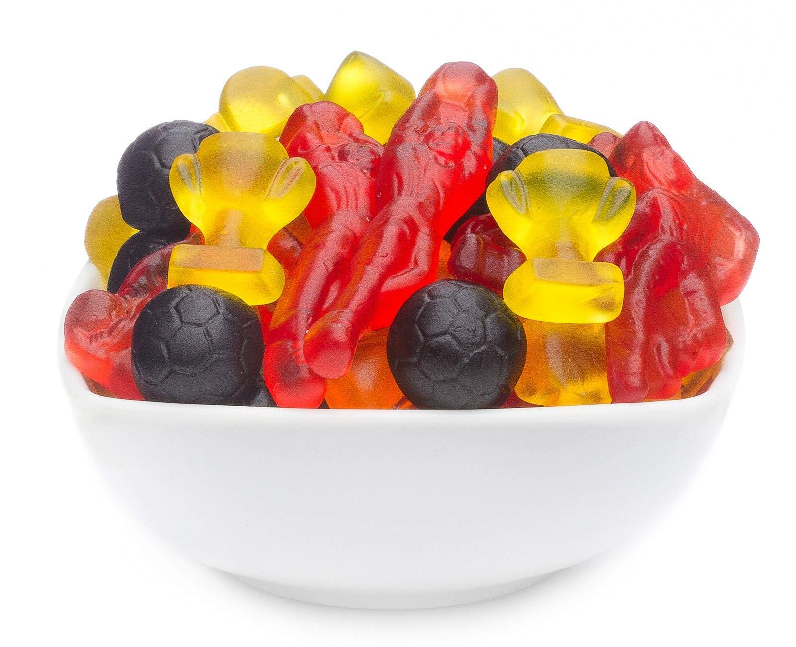 1 x 3kg Fruchtgummi Fußball Fußballmischung mit Spieler Ball und Pokal rot schwarz gelb für WM und EM Partys glutenfrei laktosefrei