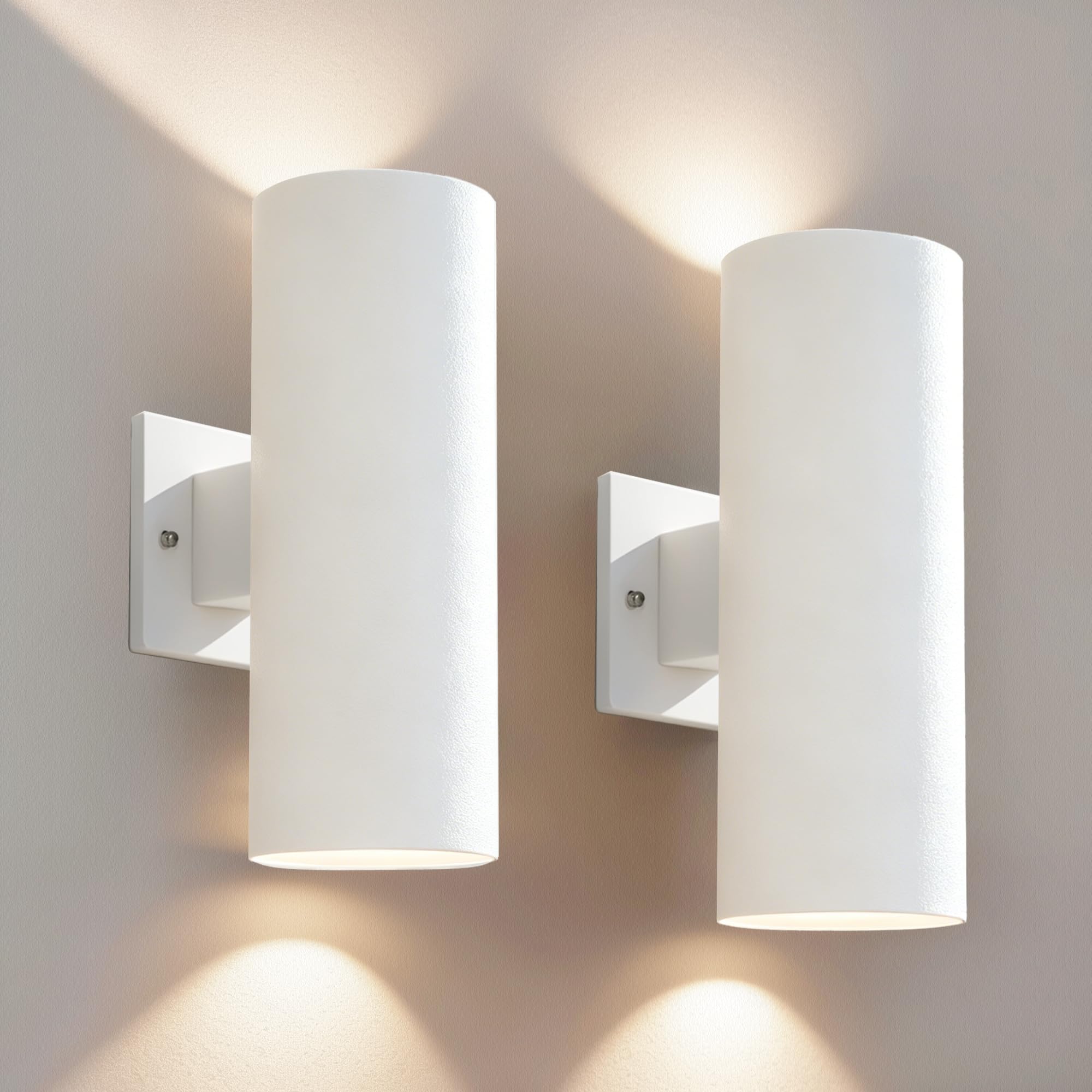 JYV Outdoor Wall Lights, 12'' Up and Down LED Cylinder Exterior Lighting Fixtures, 23W 3000K IP65 Waterproof Wall Sconces for House, Garage, Patio, Porch, 2 Pack White
