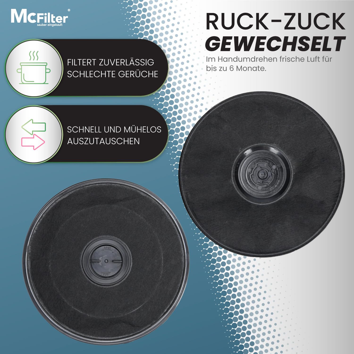 McFilter I 2x Aktivkohlefilter Ø 230mm für Dunstabzugshaube als Alternative für Kohlefilter 11005728 + 11005732 + DHZ2701/01 + 9029793594, u.a. geeignet für Bosch, Siemens, AEG, Whirlpool, Faber