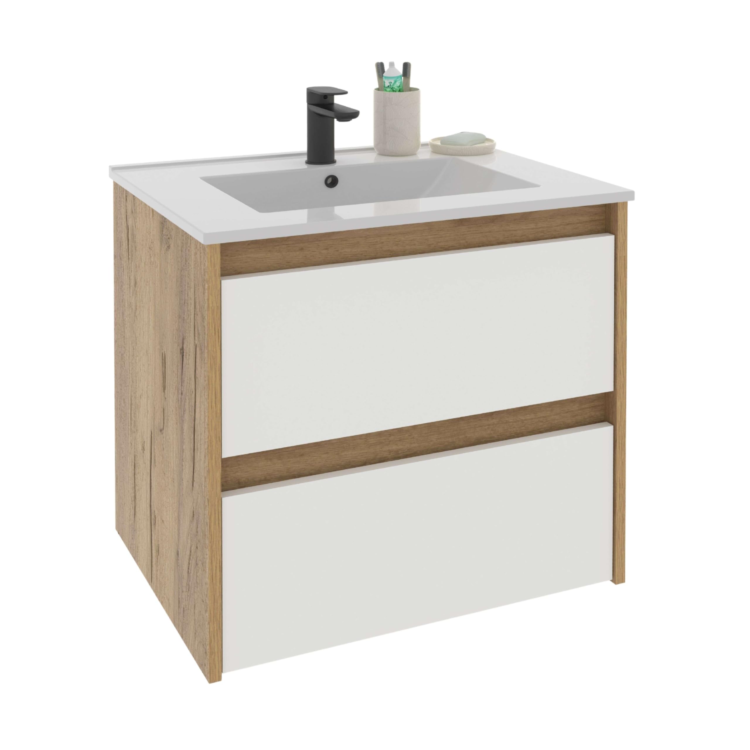 MUEBLES PITARCH Mueble de Baño 60cm Ancho, suspendido, 2 Cajones, Roble Kraft con frentes de cajones Blancos, para Lavabo encastrado, Estilo Moderno Modelo Nilo