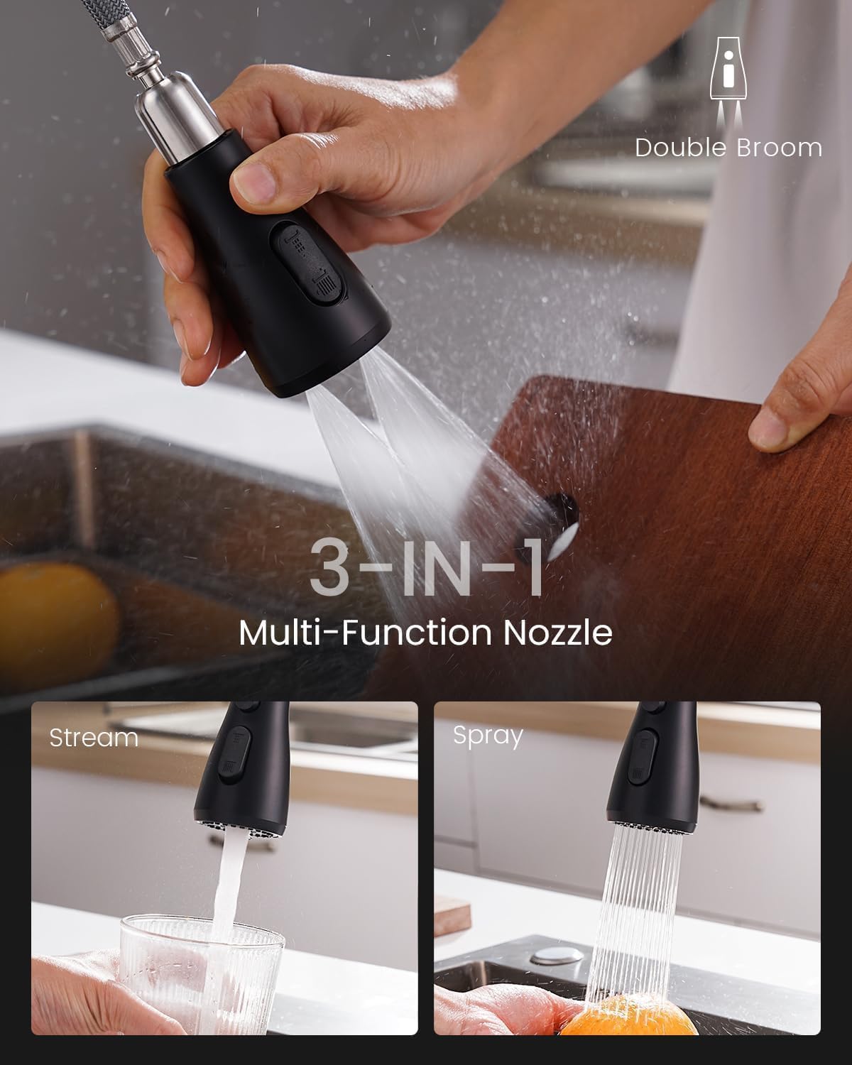 APPASO 3 Hole Kitchen Faucet with Pull Down Sprayer - Matte Black, S304 Stainless Steel High Arc, CUPC Certified Hoses, Separate Handles, Includes Soap Dispenser and 3 Spray Modes for 2-3 Hole Sinks