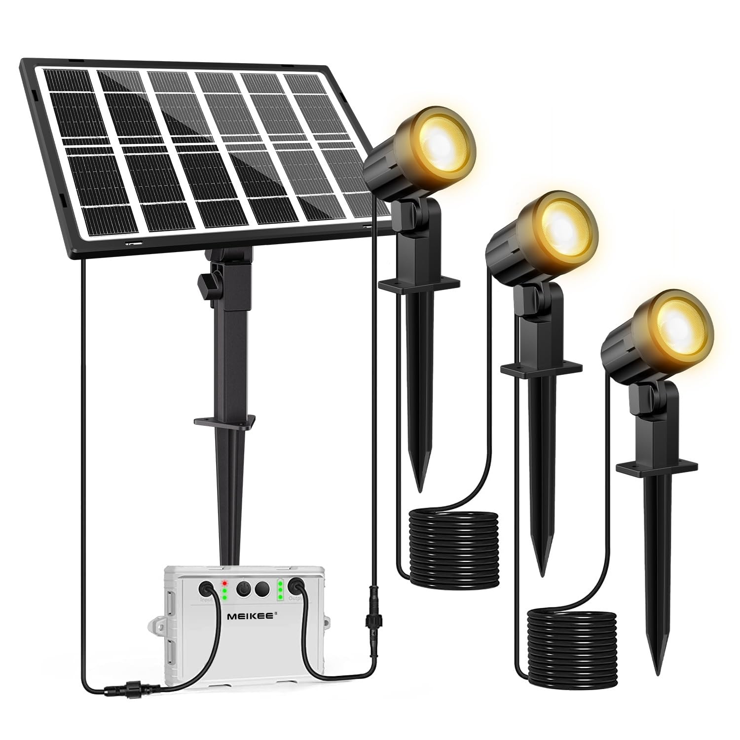 MEIKEE solarna lampa ogrodowa, 2700K, ciepła biel, 3 jasność, 2 tryby dynamiczne, solarne reflektory ogrodowe, 5000 mAh, wodoszczelność IP66, solarne lampy do ogrodów, patio, trawników, tarasów