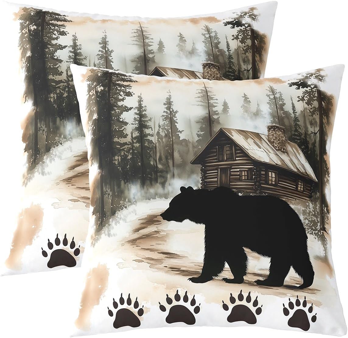 Erosebridal Set of 2 Bear Throw Pillow Covers 24x24 Inch for Sofa Bed Couch,Farmhouse Cabin Animal Pillow Covers Room Decor,Bear Footprints Decorative Pillow Covers,Watercolor Trees Cushion Covers