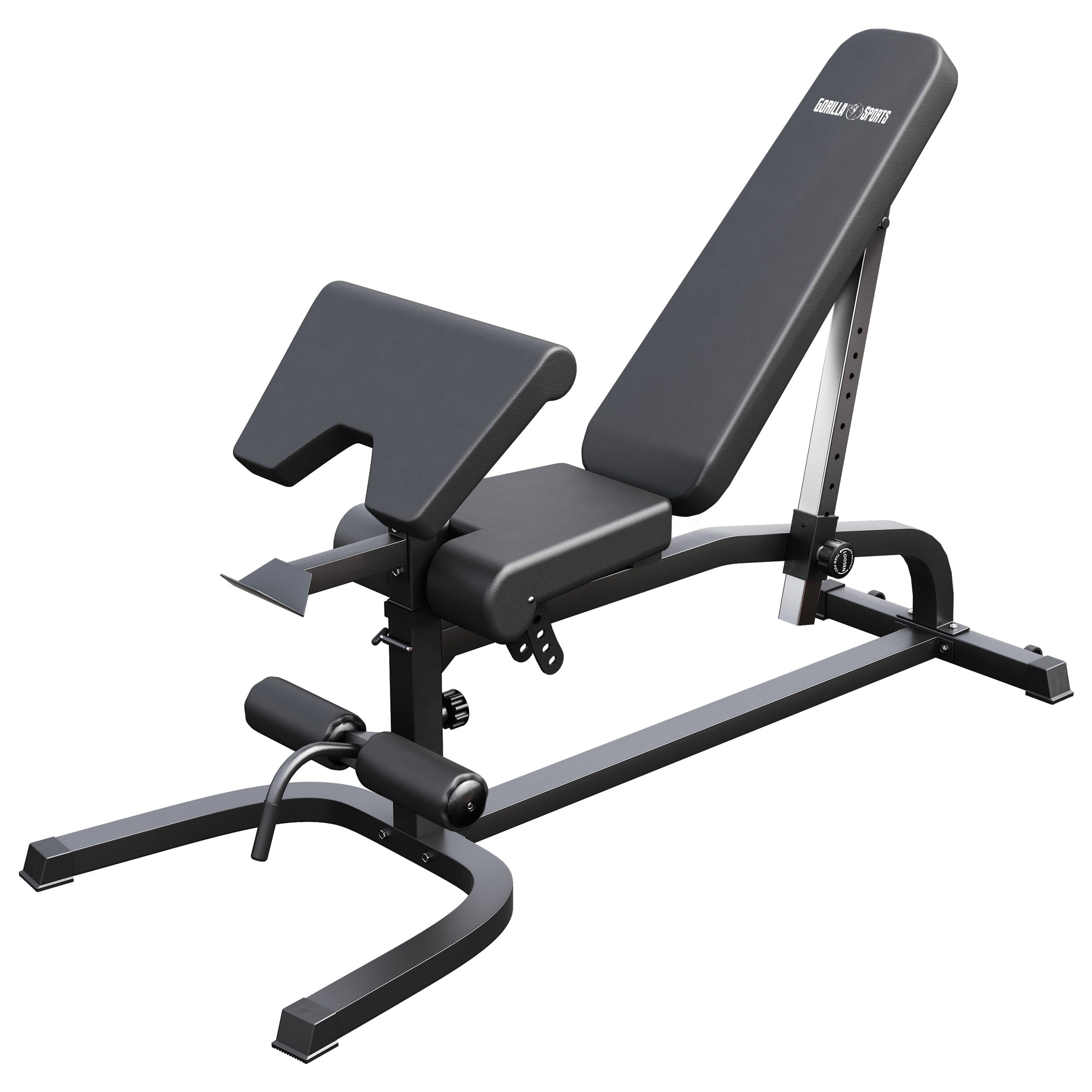 GORILLA SPORTS® Hantelbank, 13-fach Rücken, 4-fach Sitz, bis 200 kg | Mit Curlpult, Hantelablage, Beinstrecker, Beinbeuger und Rastbolzen; Schrägbank, Negativbank, Flachbank, Fitnessbank