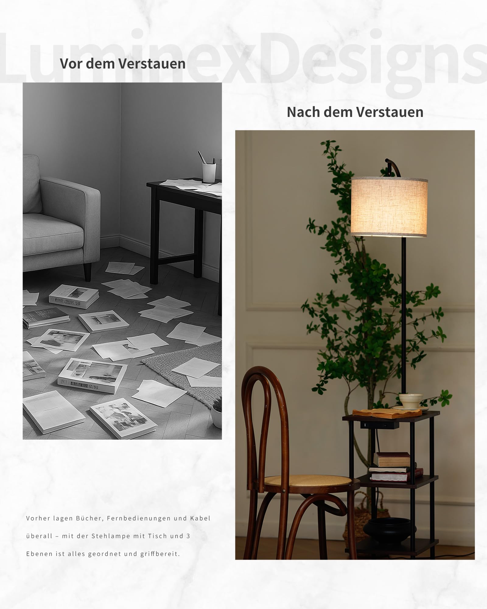 Lampada da Terra Vintage con Mensole, Piantana in Legno con Tavolino e Stazione di Ricarica, Nocciola Retrò 3 Livelli di Rangement, Testa Orientabile, per Soggiorno, Camera da Letto