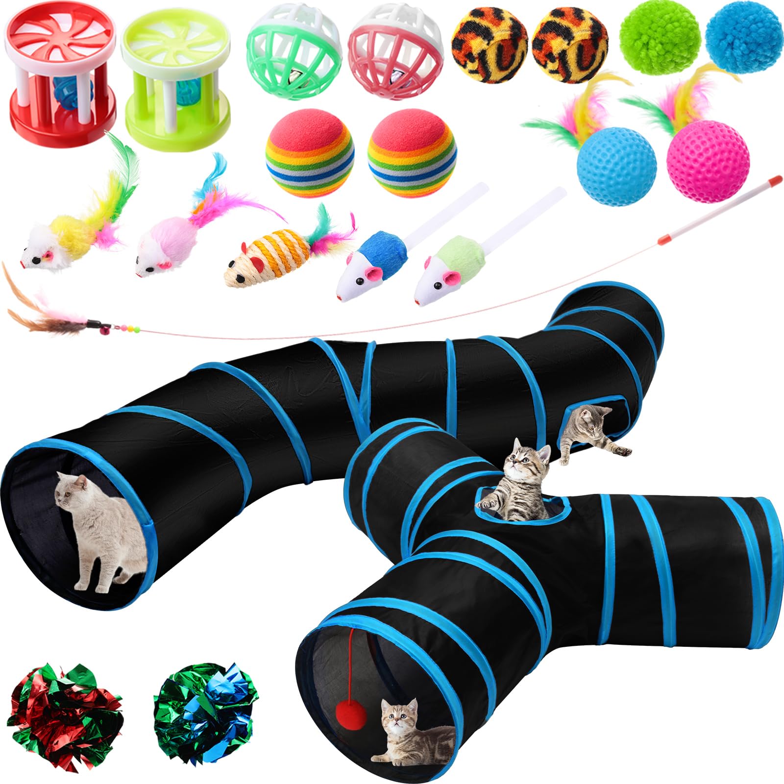 Poen Lot de 22 jouets pour chat avec 2 tunnels pliables et 20 jouets interactifs en plumes pour chat, souris moelleuse, balles froissées, pour chat, chaton et chiot (bleu, noir)