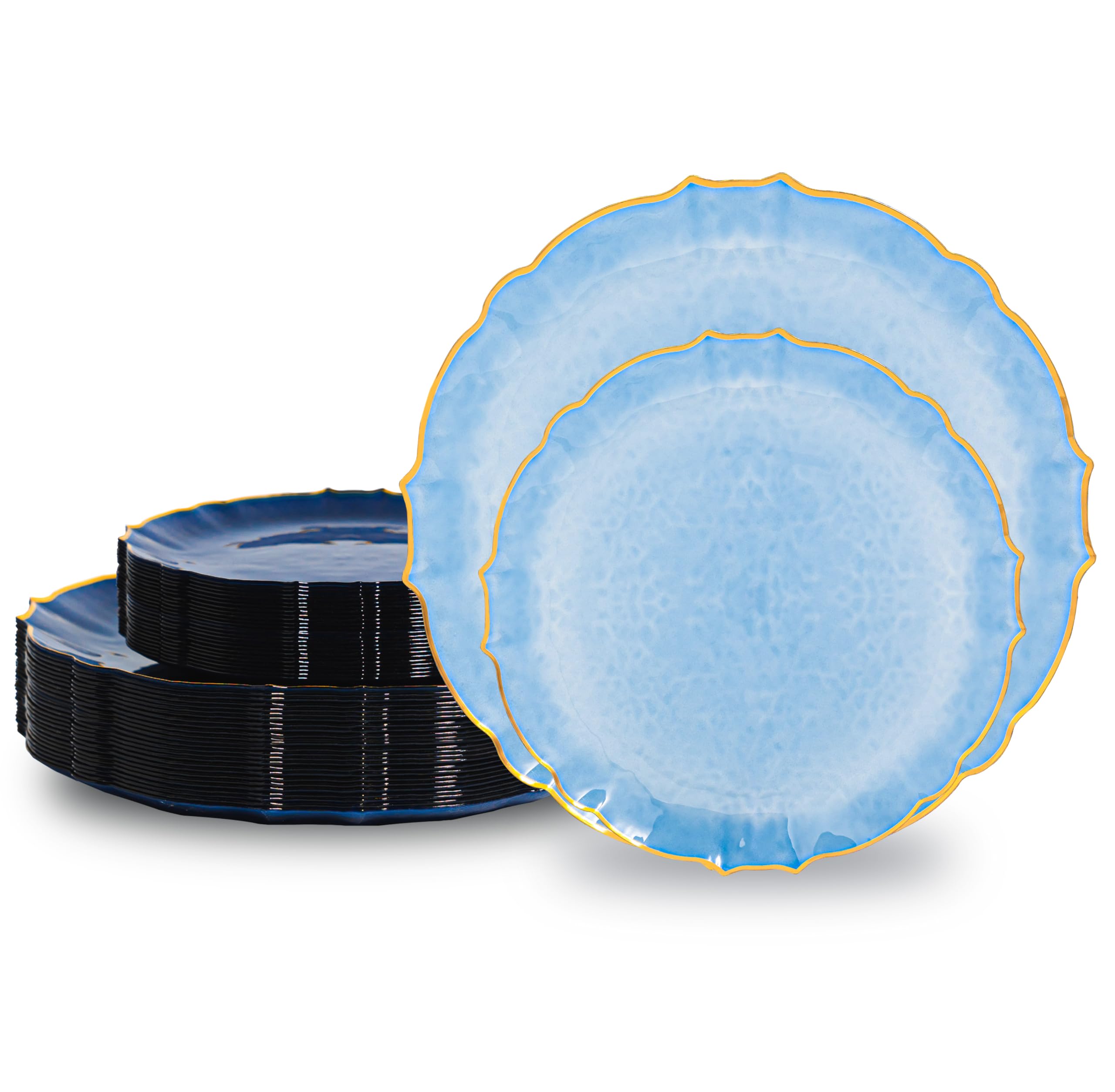 Lullaby 50pcs Translucent Blue Plastic Plates with Gold Rim, Fancy Lace-Edged Disposable Plates include 25pcs Dinner Plate 10”, 25pcs Dessert Plate 7”