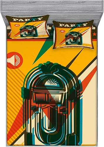 Ambesonne Jukebox Fitted Sheet & Pillow Sham Set, Digital Retro Print Party Themed Old Antique Music Radio, Decorative Printed 3 Piece Bedding Decor
