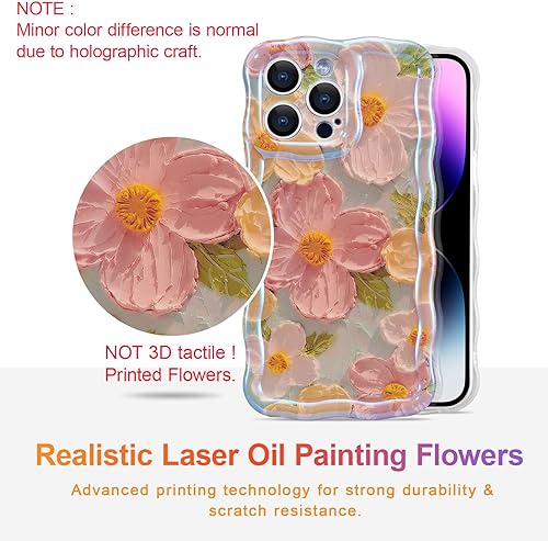 Miniatura 2 de EYZUTAK Funda para iPhone 15 Pro Max, colorida pintura al óleo retro impresa flor patrón brillante láser lindo borde ondulado rizado exquisita