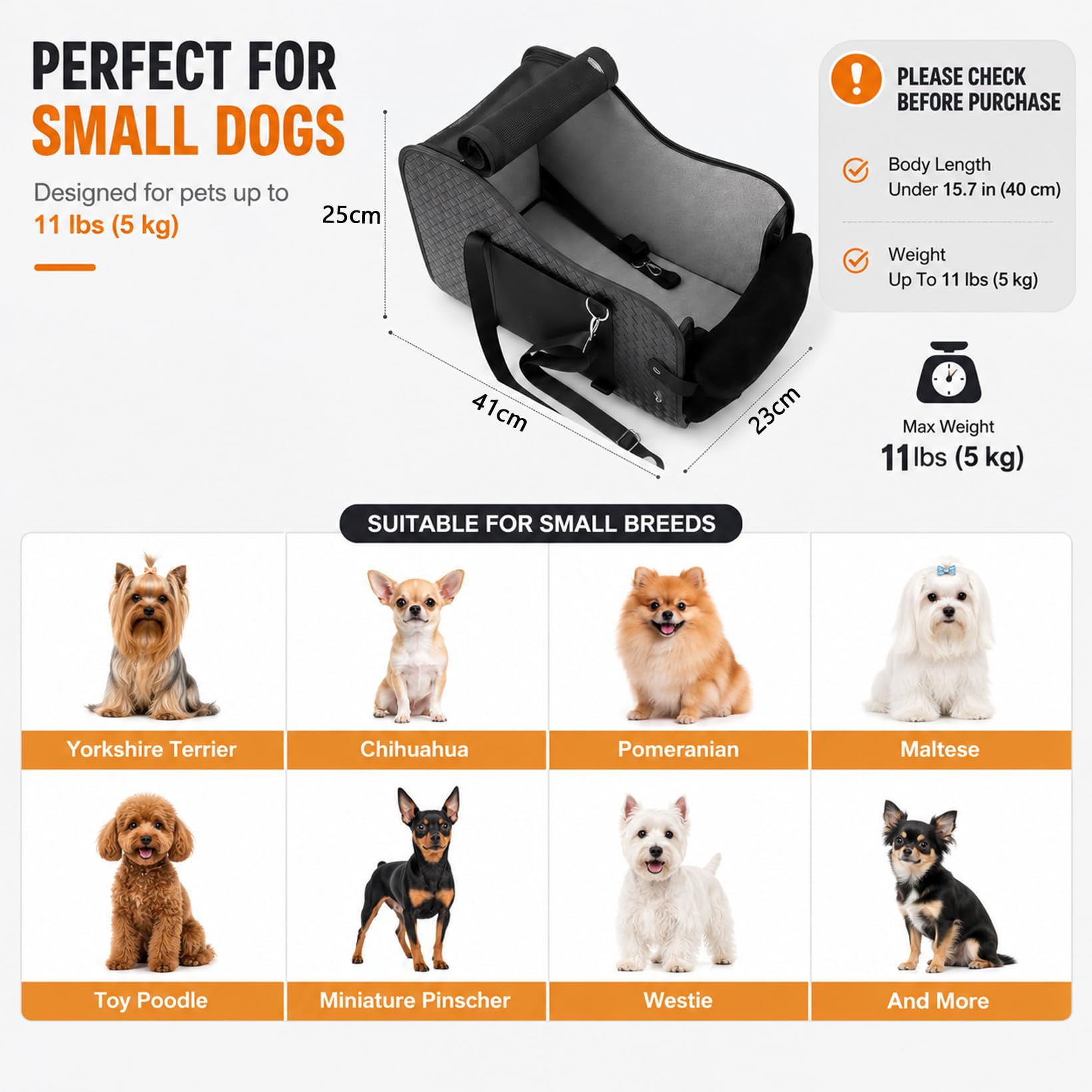 Autositze für Kleine Hunde und Katzen, Faltbar Mittelkonsole Haustiersitz mit Doppelter Befestigung und Sicherheitsgurt, Seitentaschen max 7 kg, Passend für 99% Auto-Mittelarmlehnen (40.5*23*24cm)