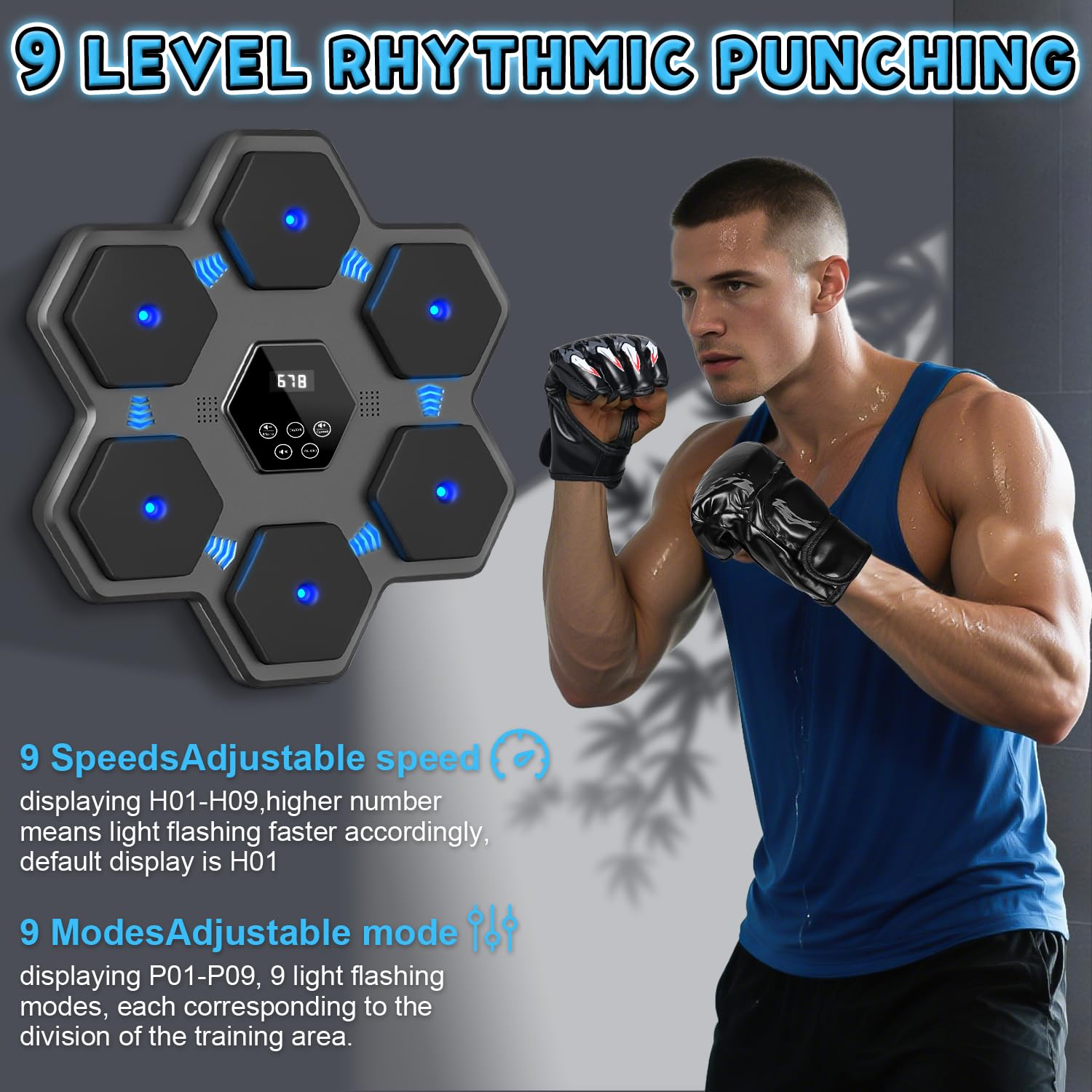 KAISASA Music Boxing Machine with Upgraded Smart Bluetooth & LED Display & Boxing Gloves - Wall Mounted Punching Machine for Home Gym, 9 Training Modes for Adults (Gray)