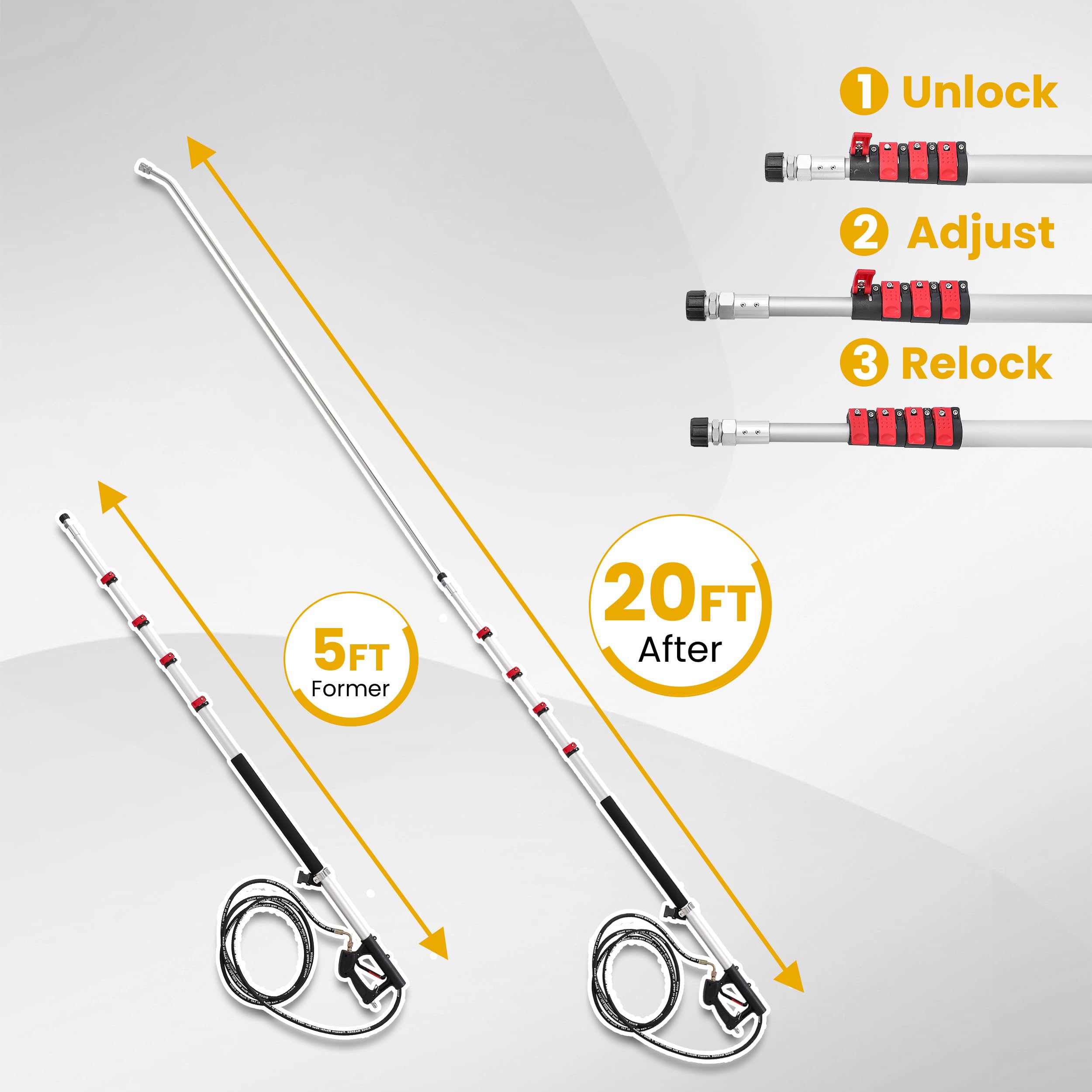 M MINGLE Lance Télescopique Haute Pression 6 m avec Tête de Brosse, 280 bar | Kit de Rallonges Haute Portée, avec 5 Embouts de Buse et 2 Raccords de Tuyau, pour Nettoyage de Gouttières, Fenêtres et Toits