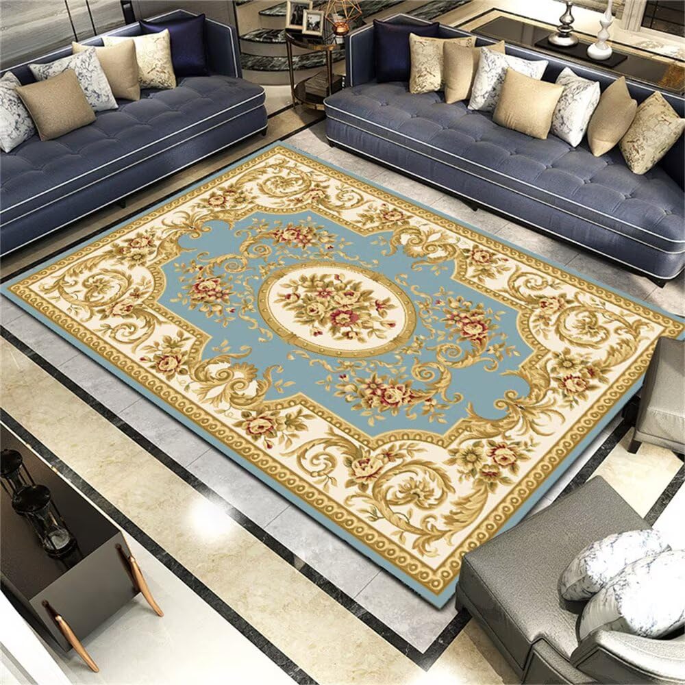 Tapis doux lavable en machine bleu floral vintage jaune 120x160 grand format