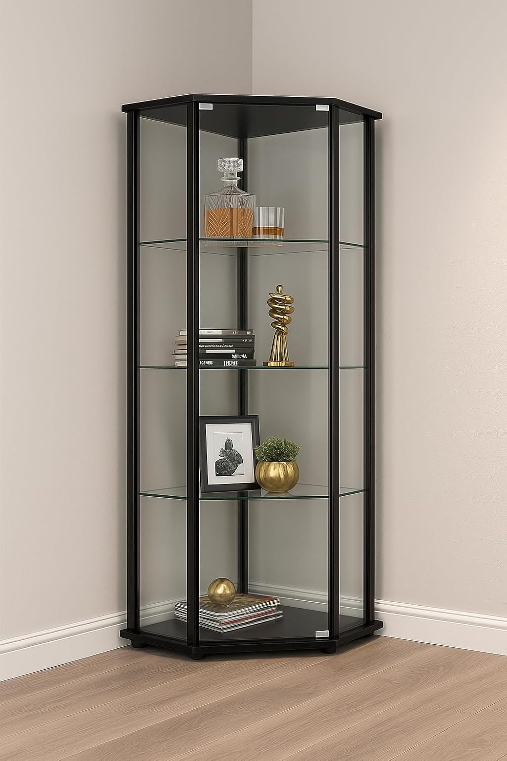 Modern Glass Corner Curio Cabinet, 5-Tier Display Case with Black Metal Frame, Triangular Design, Tempered Glass Shelves, 20.75 x20.75 x 63.75 Inches