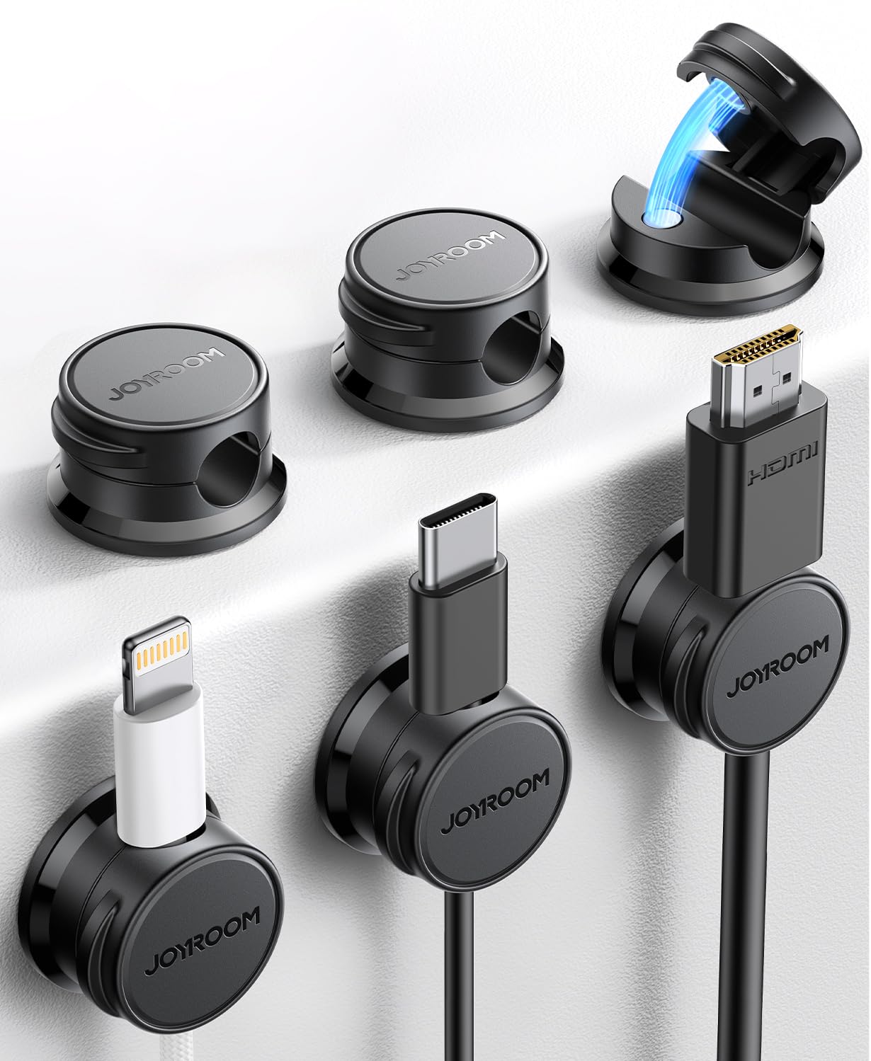 JOYROOM 6 Stück Kabelhalter Kabel Organizer Magnetische Kabelmanagement Selbstklebende Kabelclips für Schreibtisch, Nachttisch, Ladekabel, HDMI, USB, Audio-Kabel, Büro, Haus, Schwarz