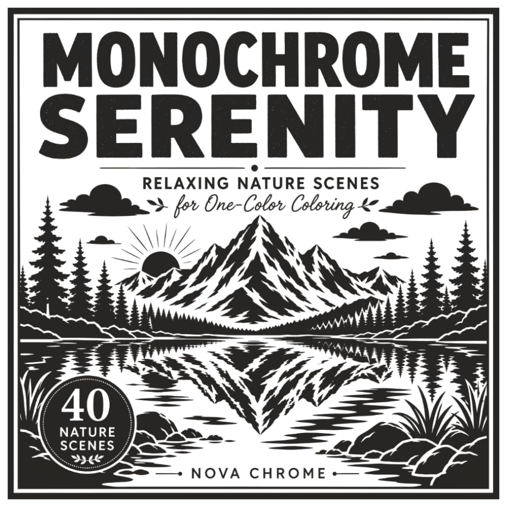 Monochrome Serenity: A One-Color Adult Coloring Book with Relaxing Nature Scenes for Stress Relief
