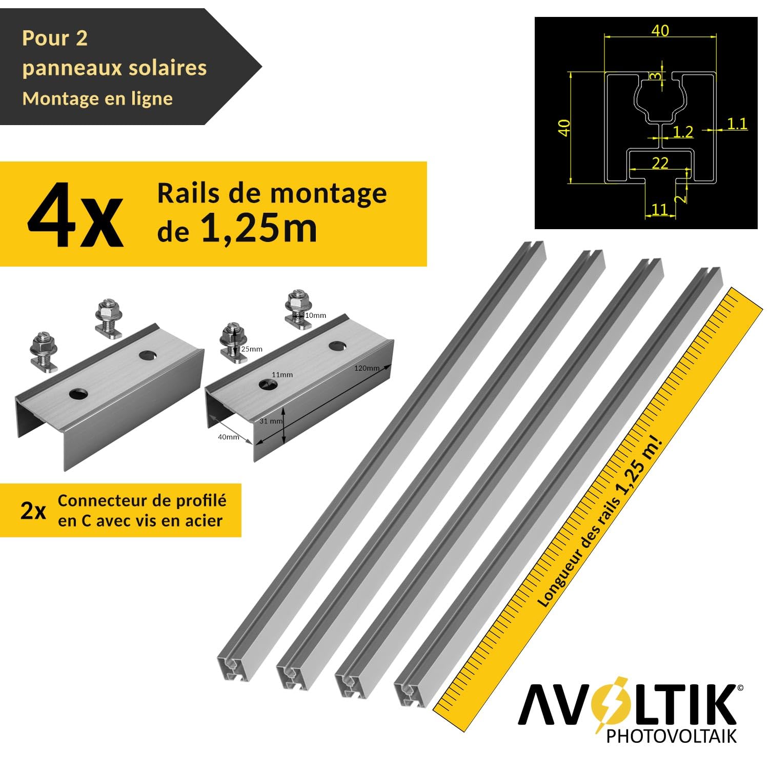 Support solaire pour toit en tuiles | Kit de montage pour 2 panneaux I Lot de crochets de toit en acier inoxydable 3 fois fixés. Pinces de rail de montage en aluminium