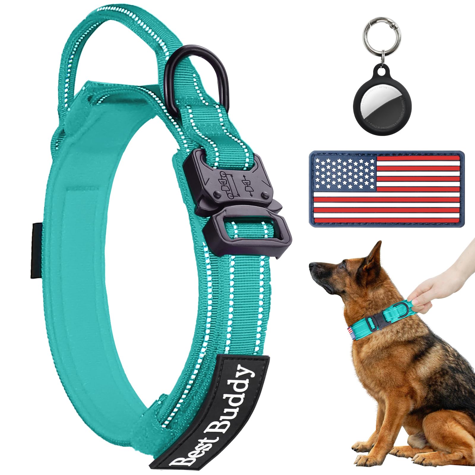 AUBELL Reflective Tactical Dog Collar,Adjustable Military Heavy Duty K9 Collars with Handle and Quick Release Metal Buckle Great for Large Dogs, with Airtag Case and 2 Patches (Teal,L)