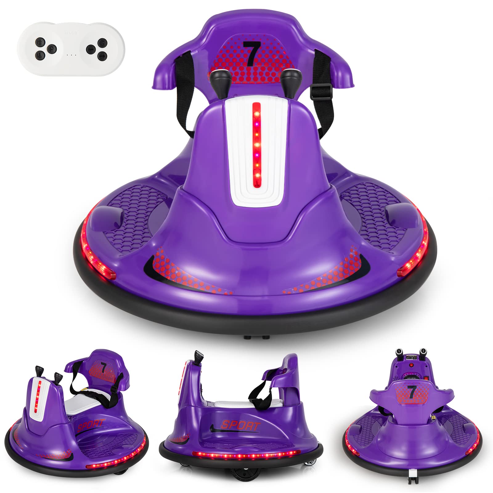 COSTWAY 6V Autoscontro Elettrico per Bambini, Veicolo Elettrico con Telecomando, Girevole a 360°, Luci LED Colorate e Cintura di Sicurezza Regolabile, 37-95 Mesi (Viola)