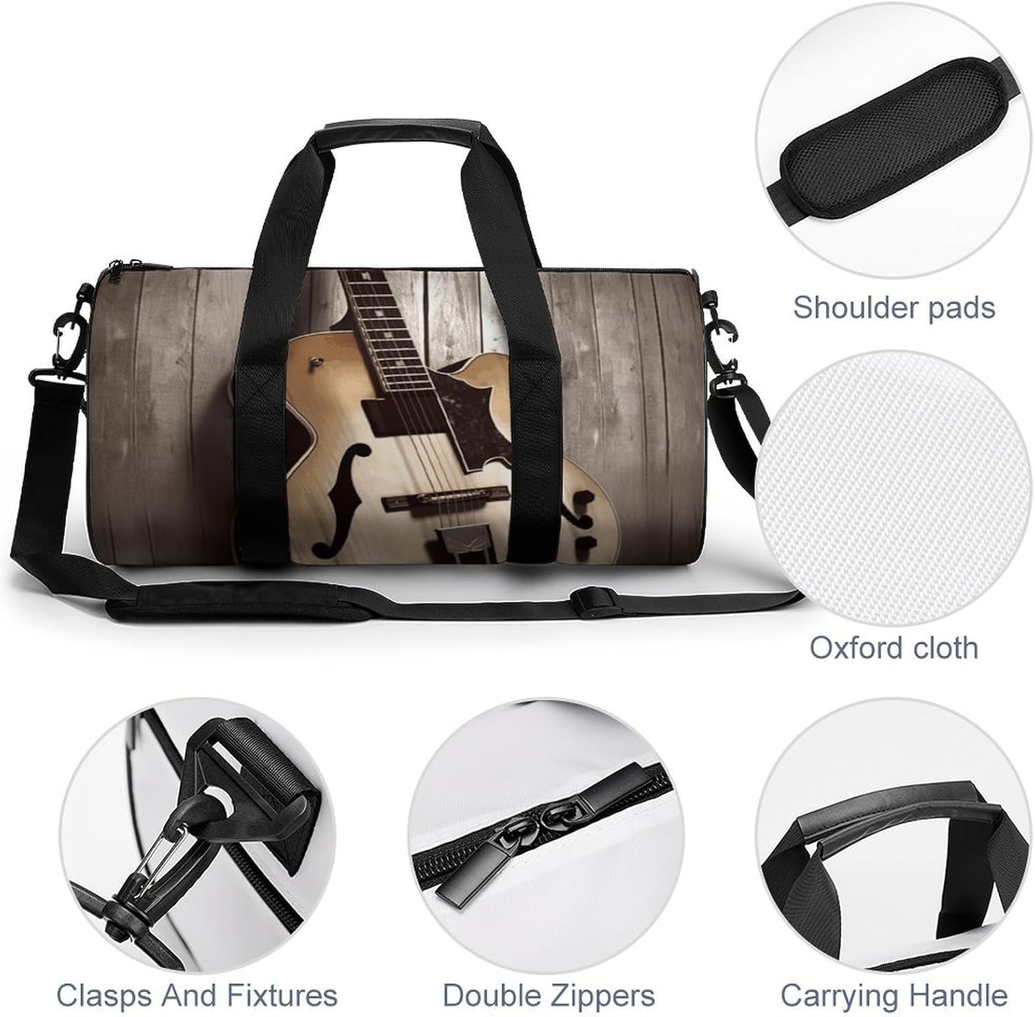 Guitar Pictures Gym Bag Hand-held Fitness Bags Cylindrical Fitness Bag with Shoe Large Compartment Duffle Bags for Travel Sports Unisex image 5