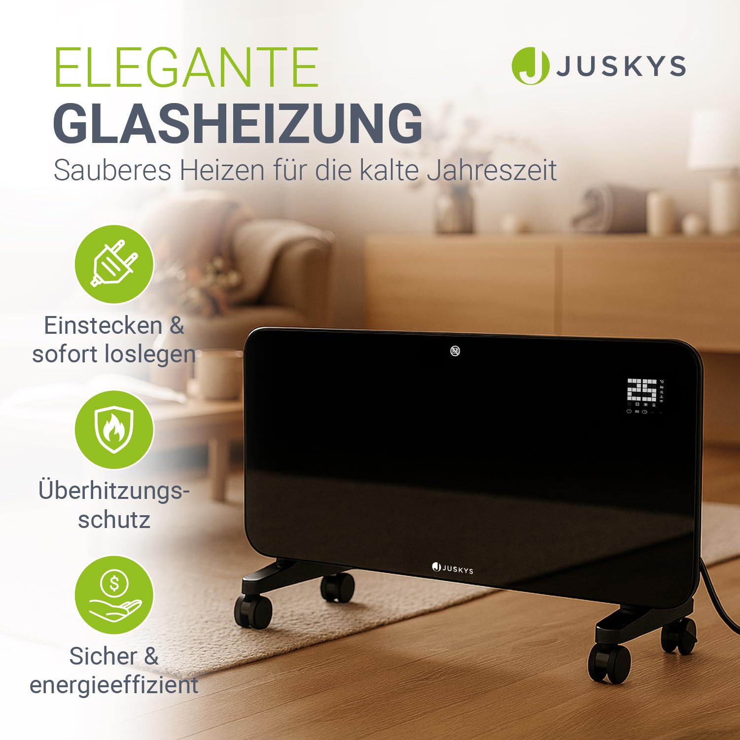 Juskys Glasheizung 2000W Glaskonvektor, Elektroheizung, App-Steuerung, LED-Display, Timer, Wand- & Standgerät mit Fernbedienung