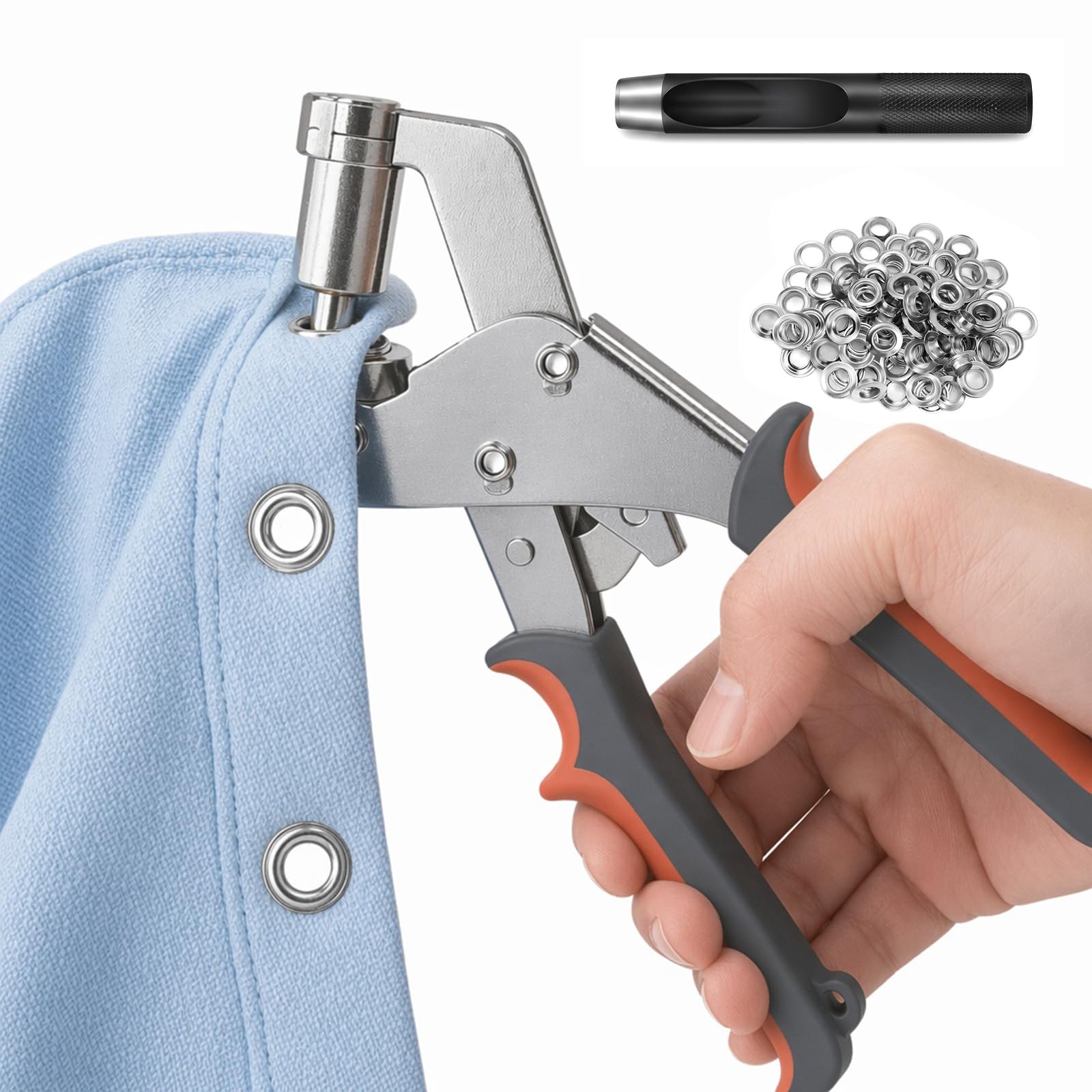 Ösenzange Set, Ösen-Stanzer mit 200 Ösen (Innen-Ø 10mm), Ösenstanze,Handpresse ohne Hammer für Stoff, Leder, Plane, Segeltuch, Robust, Rostfrei Profi Reparatur Set