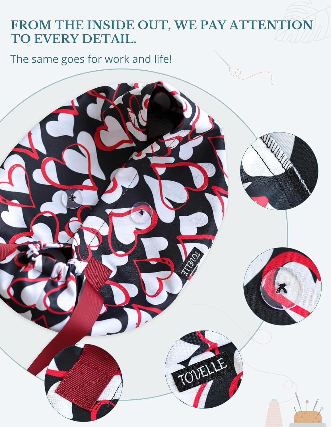 Euro Style Scrub Caps for Women Men with Buttons, Scrub Hat with Ribbon