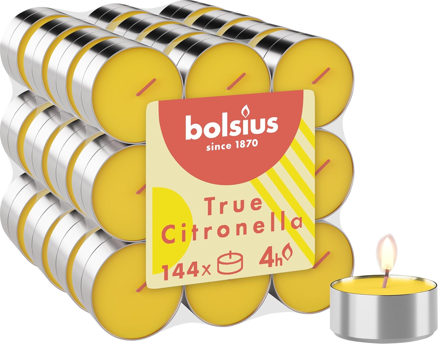 BOLSIUS - Citronella - Fragranced Tealight - Outdoor - Scented - Yellow - 4 Burning Hours - 144 Pieces