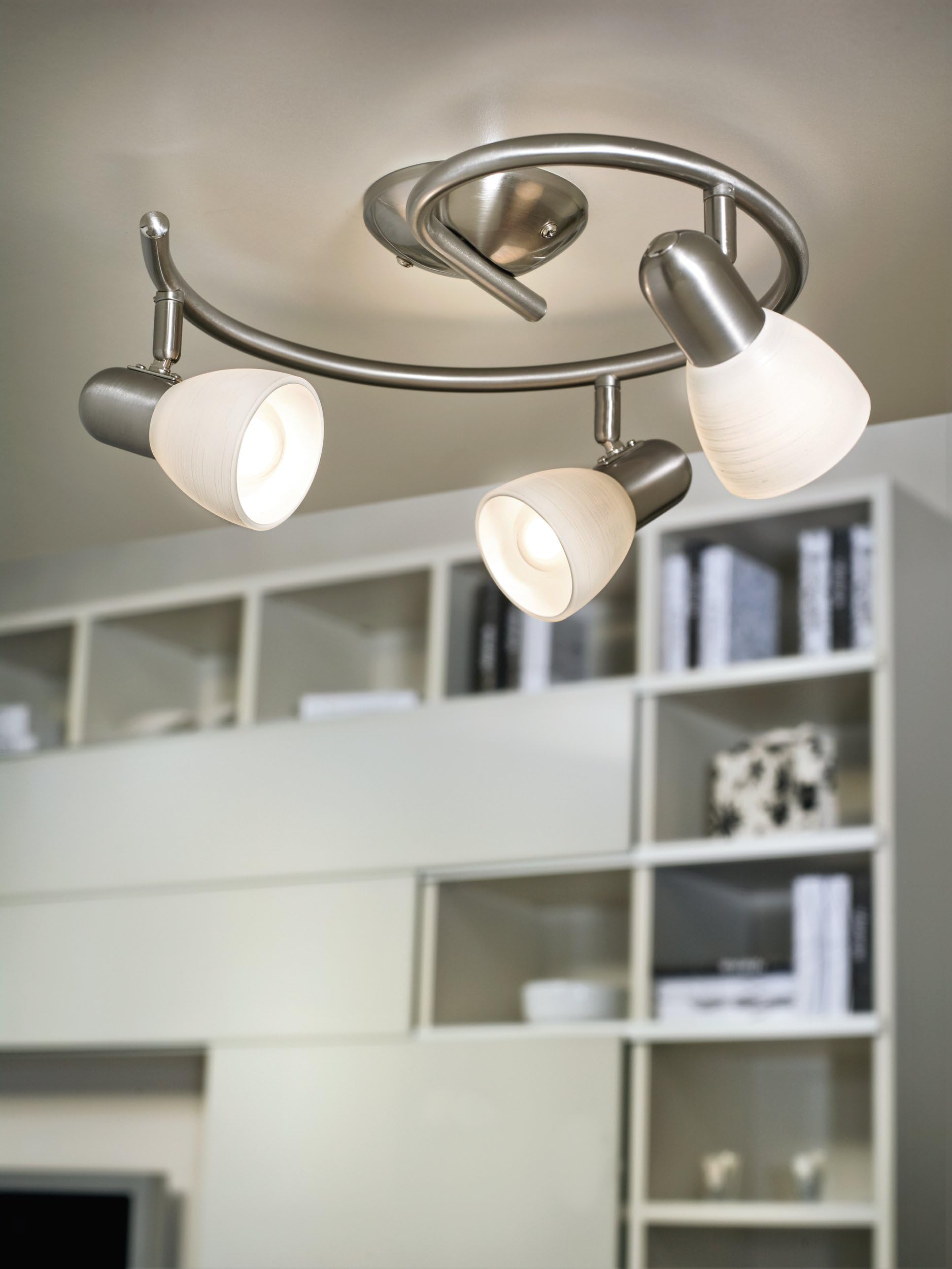 EGLO Deckenlampe Dakar 1, 3 flammige Deckenleuchte, Deckenspot aus Stahl | Farbe: Nickel matt, Glas: Milchglas mit Wischtechnik, weiß, Fassung: E14