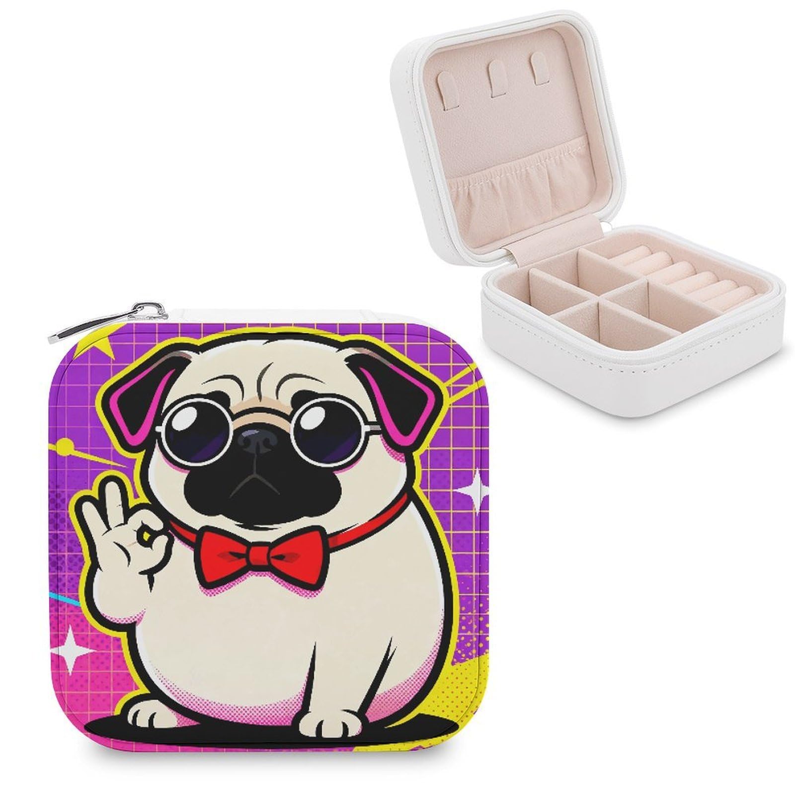 LZQPOEAS Cute Pug Dog Print Jewelry Box, PU Patterned Storage Case, Portable Travel Jewelry Organizer Box for Storing Rings, Pendants, Earrings, Necklaces, And Women's Specialized