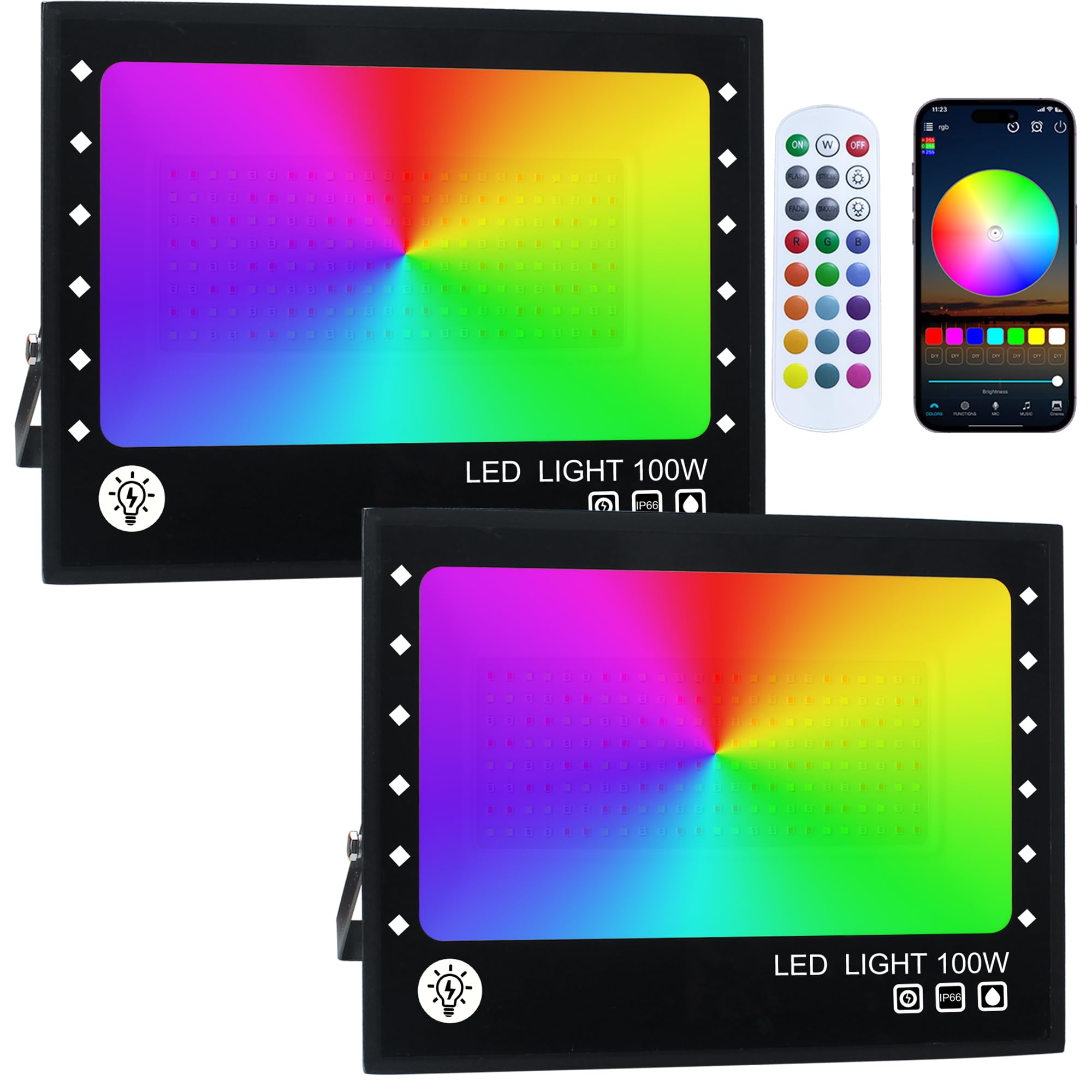RGB LED Strahler 100W, 2er Set Außen Flutlicht mit 2.4G Fernbedienung & Bluetooth App, 16 Million Farben, 20 Modi, IP66 Wasserdicht Außenstrahler für Garten und Hof