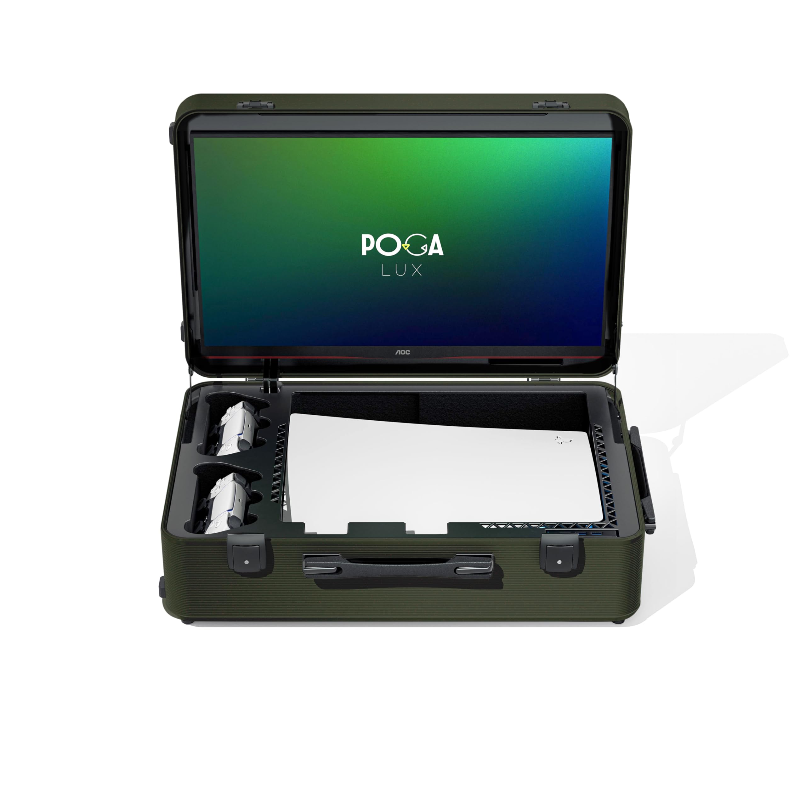POGA Lux Camouflage - Valigetta da gioco portatile (compatibile con PlayStation 5) con monitor da gioco AOC integrato da 24", design trolley e valigetta da viaggio, mimetico