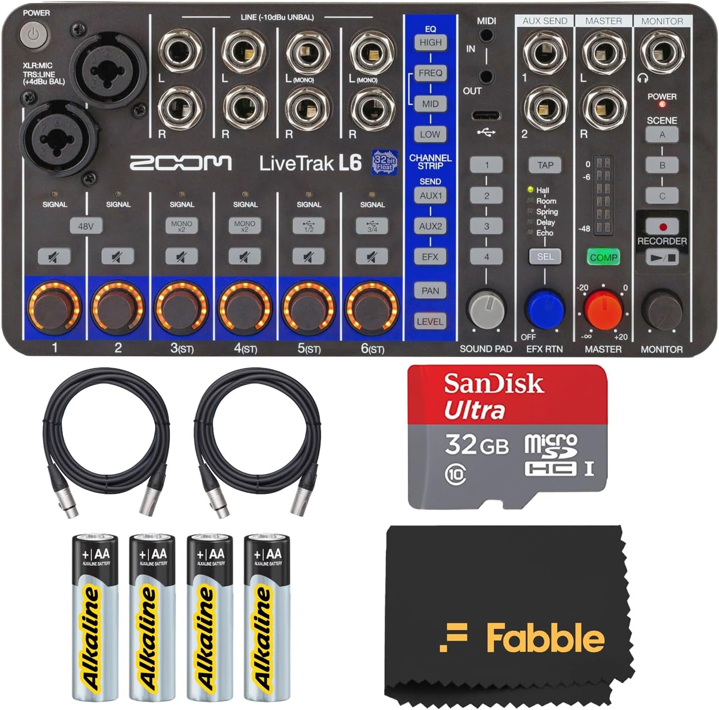 Zoom LiveTrak L6 6-Channel Digital Mixer and Multitrack Recorder Bundle with 2× 10ft XLR Cables, 32GB microSDHC Card, USB Cable, AA Batteries, Limited 1-Year Manufacturer Warranty