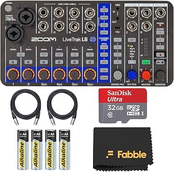 Zoom LiveTrak L6 6-Channel Digital Mixer and Multitrack Recorder Bundle with 2 10ft XLR Cables, 32GB microSDHC Card, USB Cable, AA Batteries, Limited