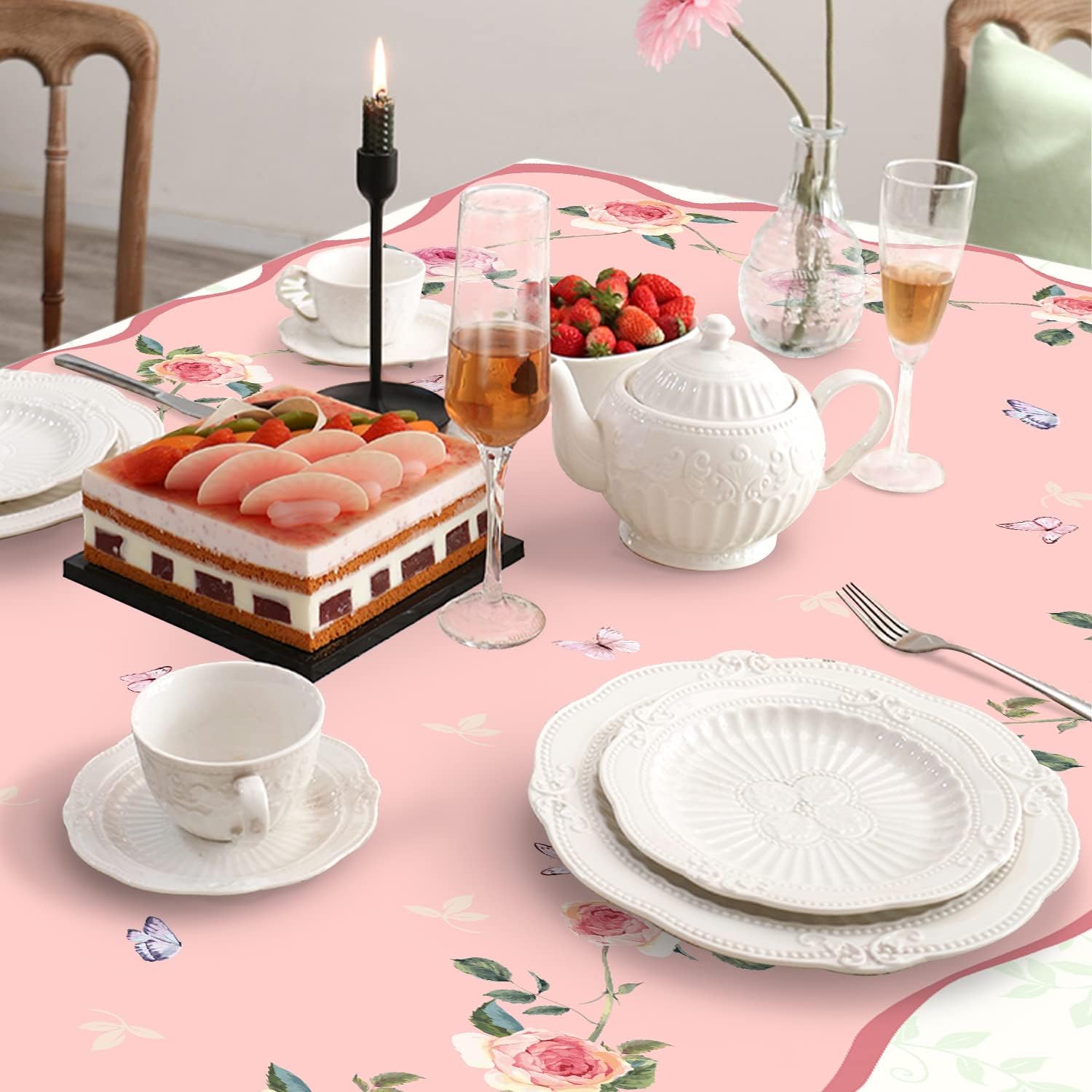 Mothers Day Tablecloth Decoration Tablecloths, Pink Rose Rosette Butterfly Table Covers, Waterproof Table Cover for Dinner Kitchen Party Holiday Decor 60"x 102" Oblong/Rectangle