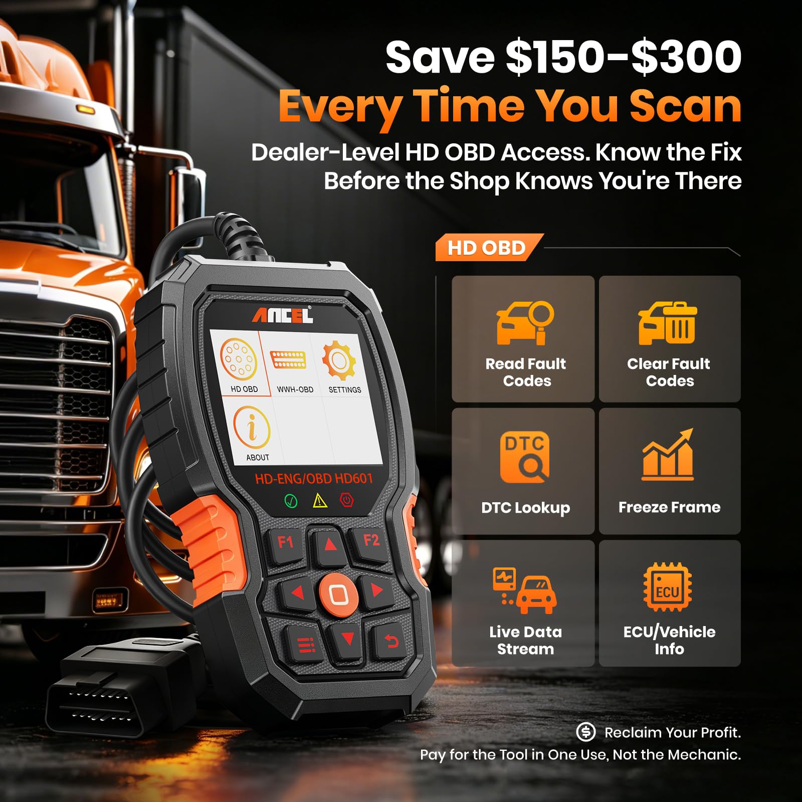 ANCEL Nuevo escáner de camión HD601 resistente, herramienta de escaneo de diagnóstico de sistema completo diésel para Cummins, Detroit, Volvo, Paccar y Caterpillar, lector de código HDOBD y OBD2 2 en