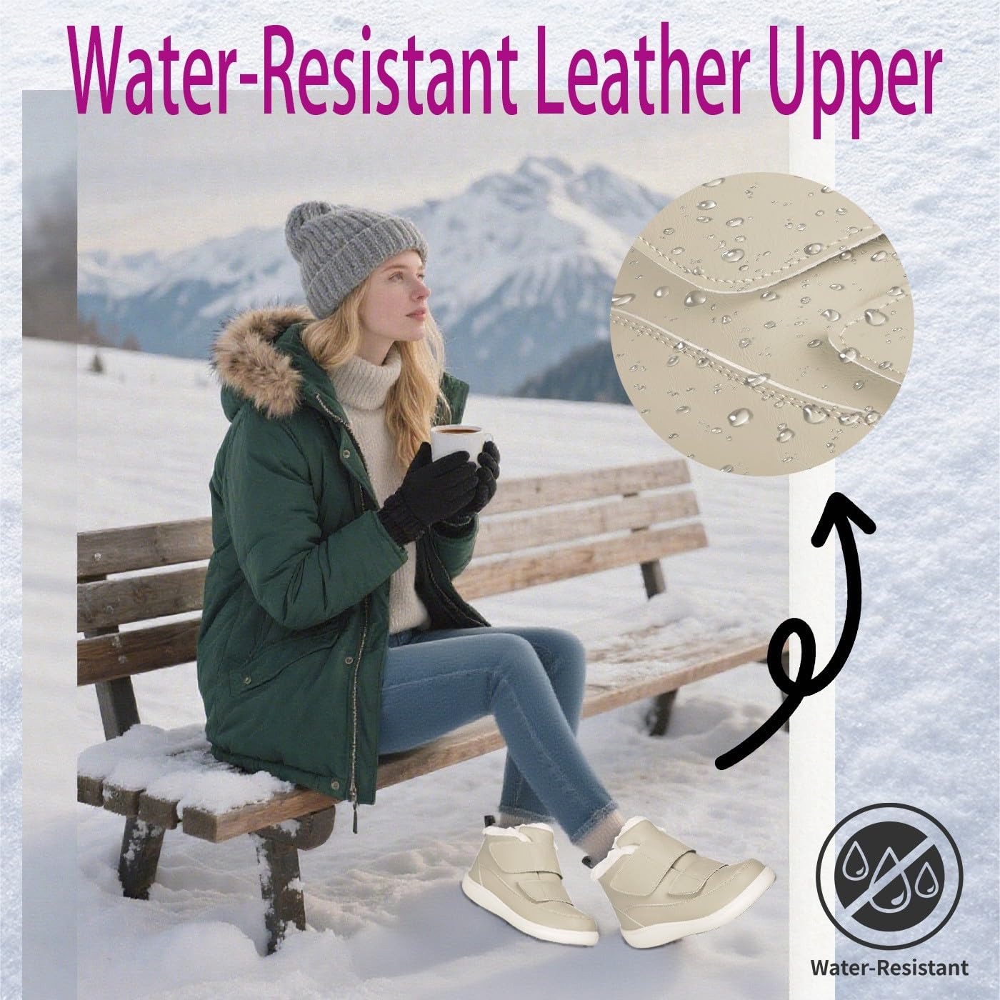Hsyooes Diabetiker-Stiefel für Damen, breite Breite, Winter-Schneestiefel, warmes Fellfutter, wasserabweisend, rutschfest, bequem, verstellbare Riemen, Winterschuhe für geschwollene Füße