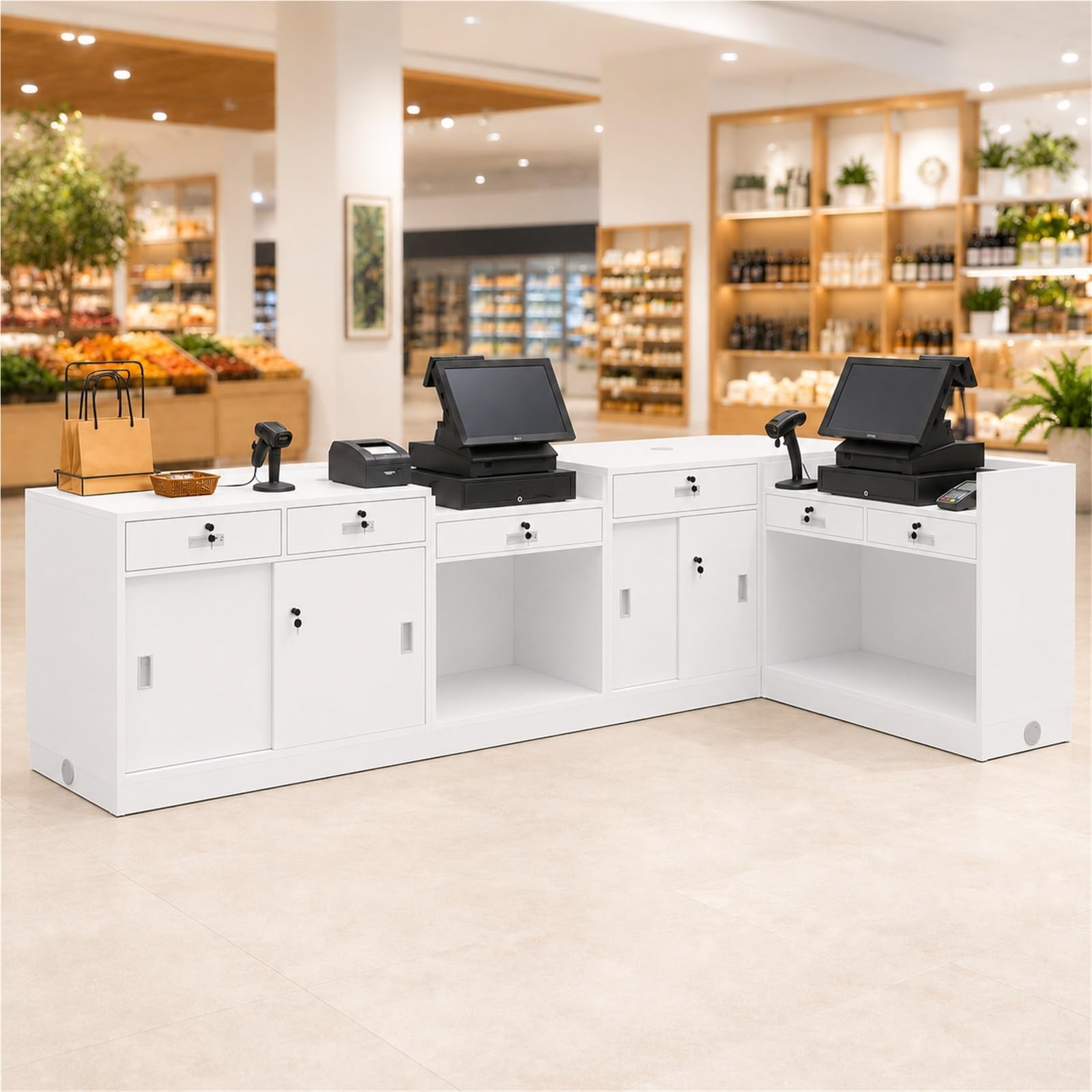 Modulare Empfangstheke Verkaufstheke, Kassentheke mit Regalen, Stauraum & Kabeldurchlässen, Ladentheke für Café, Salon, Geschäft, Kiosk(B+D)