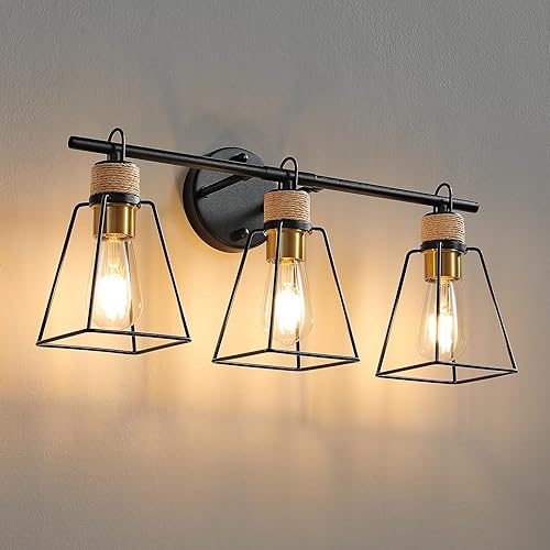 Lámparas de baño de 3 luces sobre el espejo, color negro mate, lámpara de tocador de granja para baño, envuelta en cuerda rústica, industrial, con