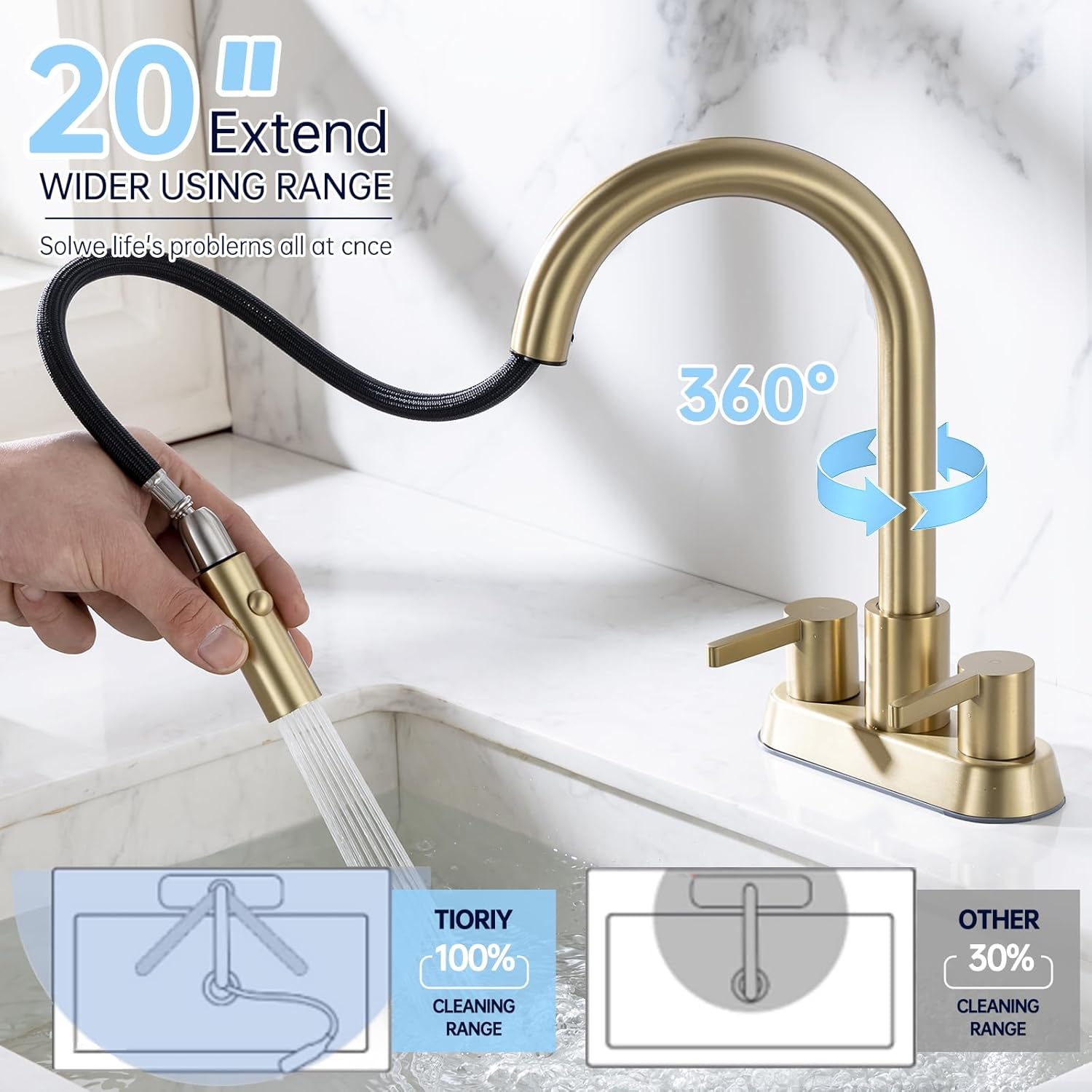Bathroom Sink Faucet with Pull Out Sprayer 2 Handles, Brushed Gold Pull Down Bathroom Faucets 3 Holes 4 Inch, 360 Degree Swivel Dual Function Spout, Pop Up Drain Assembly Included