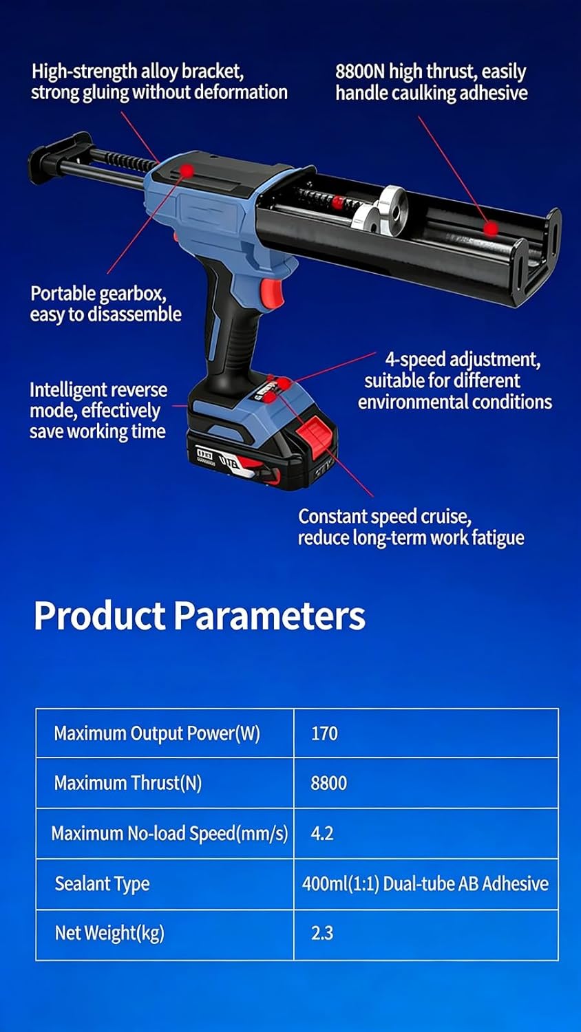 Cordless Electric Caulking Gun - Dual Component Epoxy Applicator ，Automatic Adhesive Dispenser with 2 Lithium-ion Batteries & Charger, for Seamless Home Repair & DIY Projects